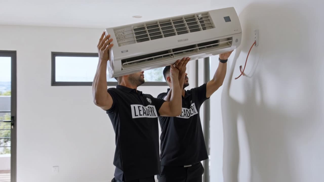 Aircon Installers Pretoria - two installers lifting a split unit indoor head into position